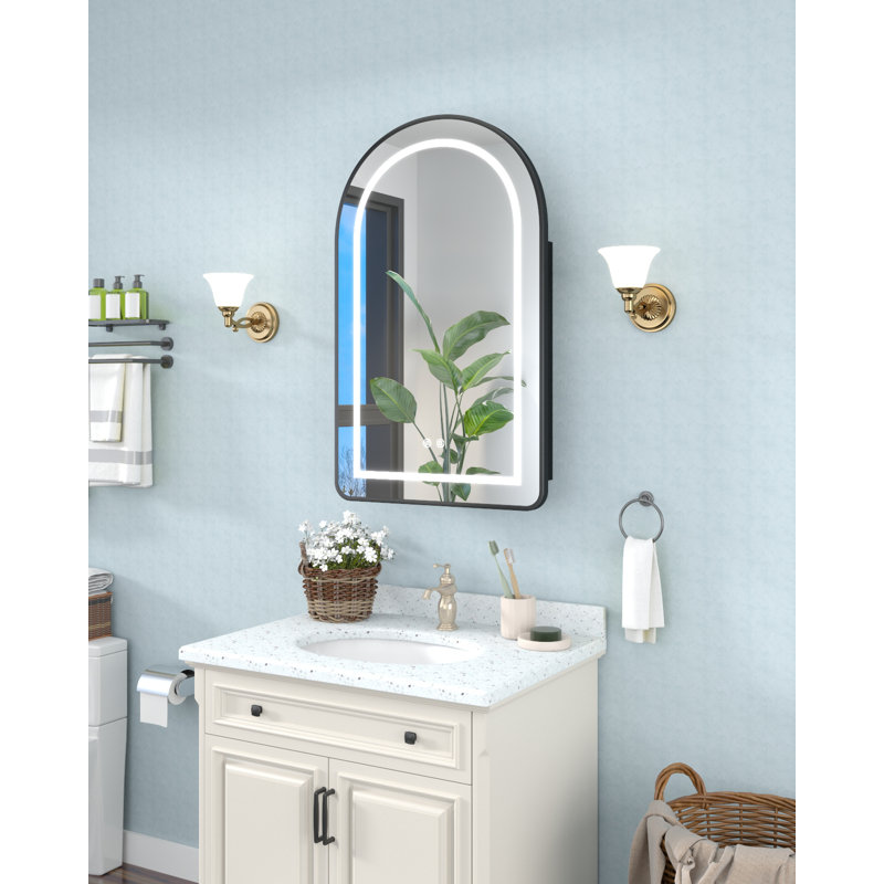  Miroir de salle de bain encastrable et à fixation en surface 20 po x 32 po avec rangement, métal noir imperméable, 2 tablettes en métal stables et amovibles, installation facile