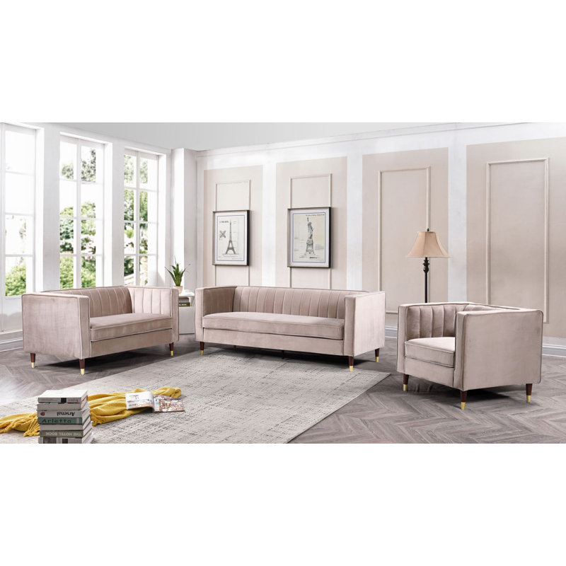 Ensemble de salon en velours Louis, 3 pièces 1 canapé 1 causeuse 1 fauteuil, Beige