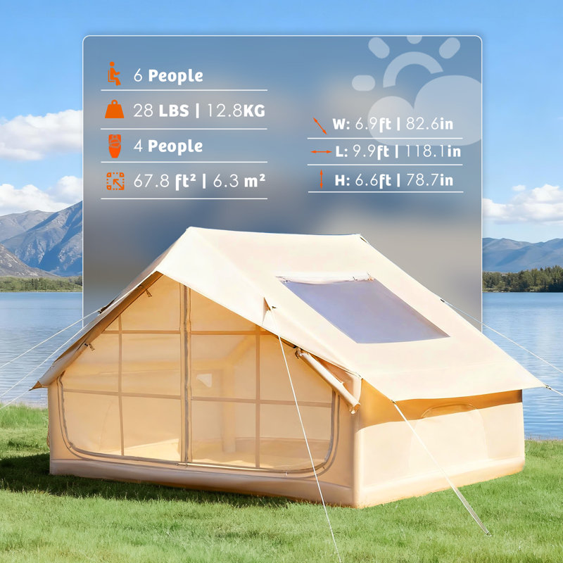 4-6 Person Inflatable Camping Tent, Waterproof Blow Up Tent With Large Mesh Doors & Skylight