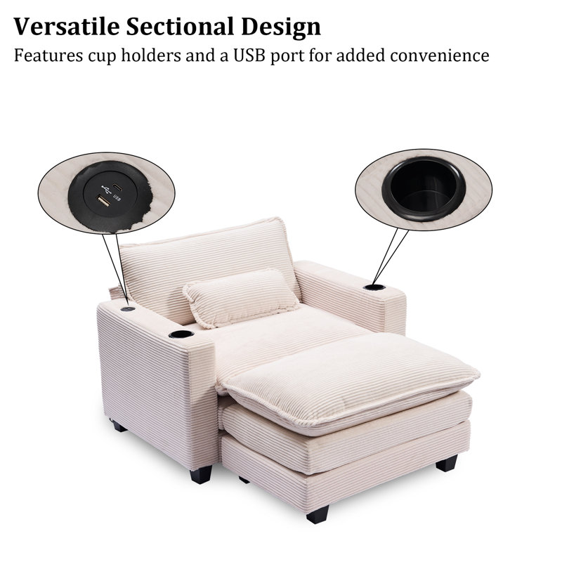 Corduroy Oversized Chair with Ottoman - 40" Wide Comfy Lounge Armchair with USB Ports & Cup Holders | Deep-Seat Upholstered Single Sofa for Living Room, Office & Bedroom