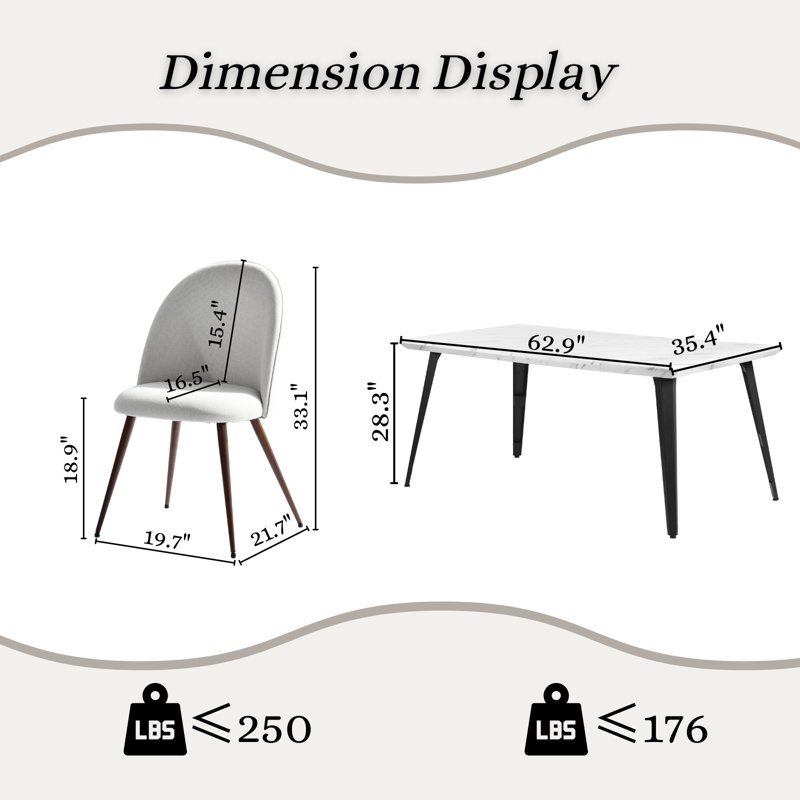 Hozel 63" Rectangular Dining Table Set with 4 Upholstered Chairs for Dining Room Comfort and Style, Beige/Brown, White