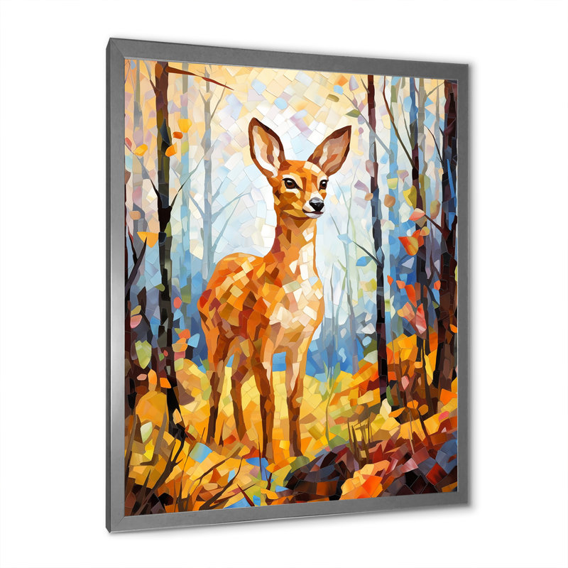 «Deer Mosaic Forest Wildlife», reproduction sur toile, Cadre simple argenté, H 44 po x l 34 po x P 1,5 po