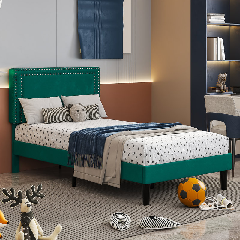 Cadena 2 Pack Dark Green Twin Upholstered Platform Bed Frame with Tufted Adjustable Headboard,Noise-Free Twin Size Bed with 8 Inch Under-Bed Storage