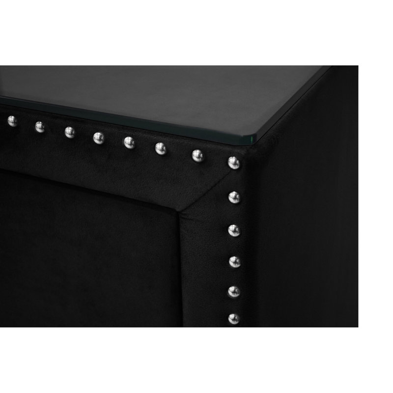 Table de chevet contemporaine, deux rangements, tissu recouvert de tissu, têtes de clou, verre trempé, fabrication en bois massif, table de chevet à finition noire avec 2 coussins, surface en verre, pièce de chambre à coucher