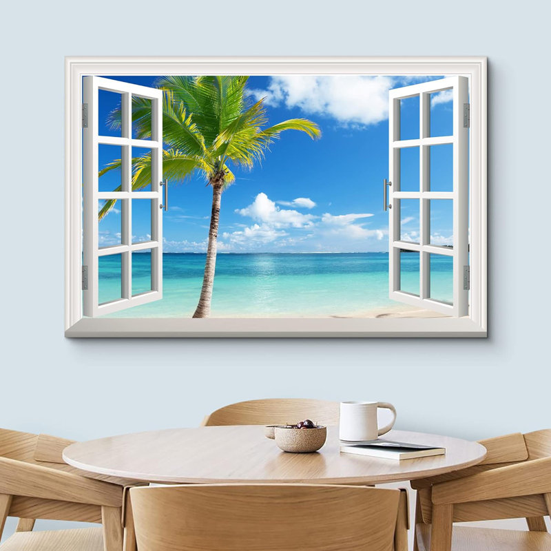 Fenêtre, paysage, magnifique paysage / palmier sur une plage tropicale, impression sur toile tendue, H 32 po x l 48 po