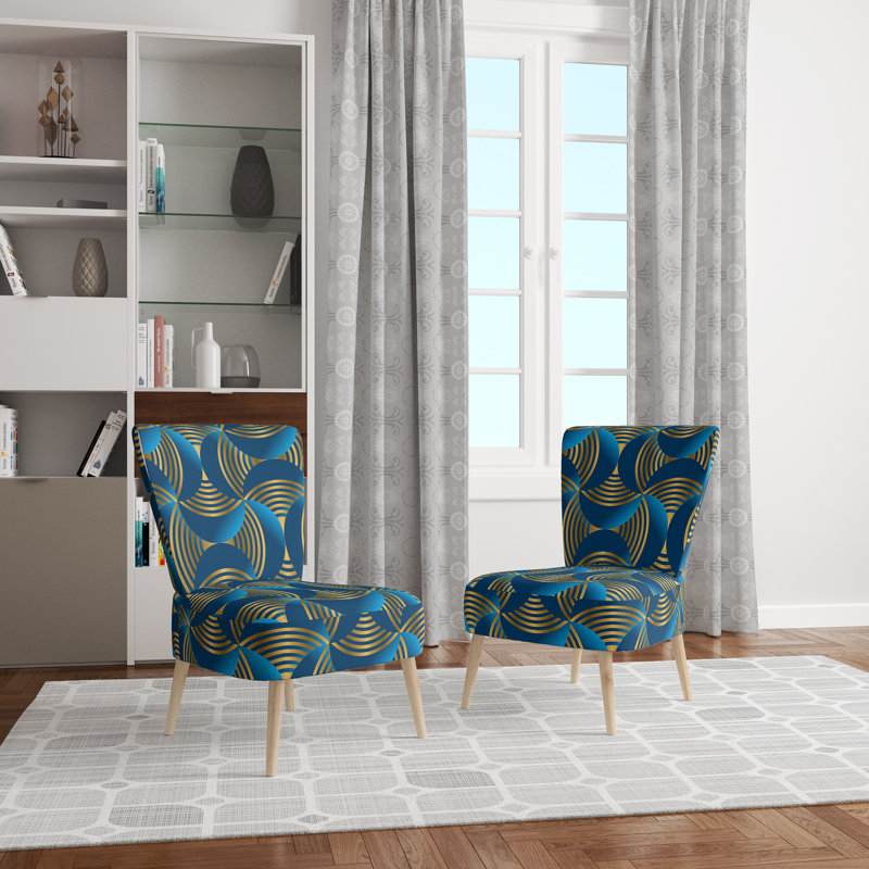 Upholstered Floral Side Chair - Modern floral Accent Chair, Floral Blue/Gold Polyester Blend
