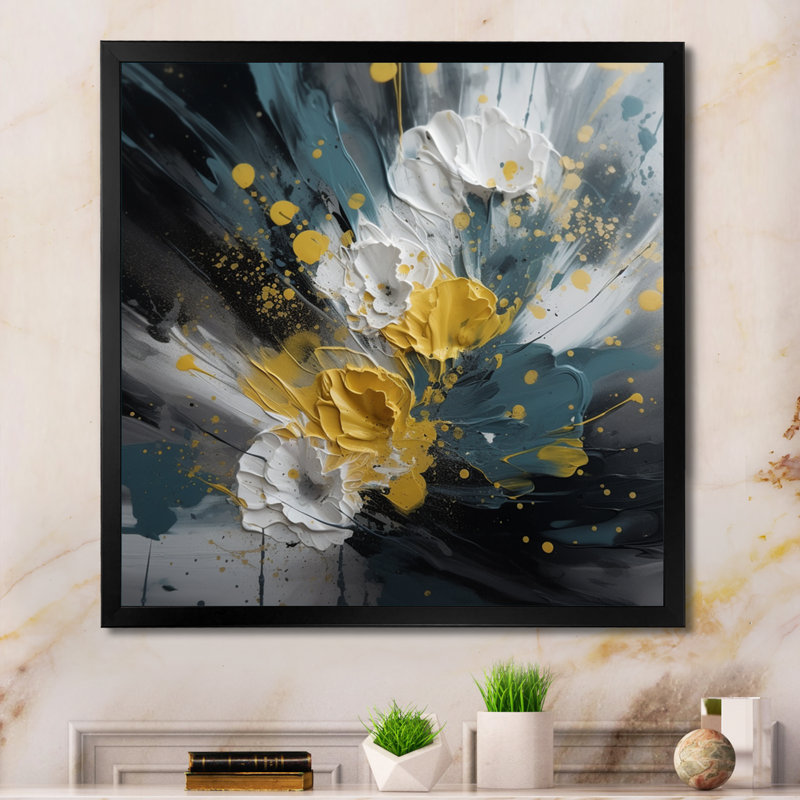 Jaune et blanc, jacinthe, paysage II sur toile, Cadre photo noir, H 16 po x l 16 po x P 1 po