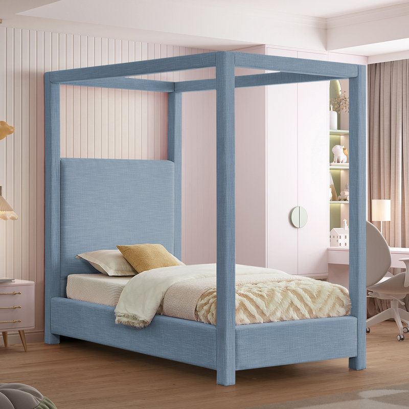 Bois massif Dunwich et plateforme rembourrée, Tissu texturé bleu ciel, Simple