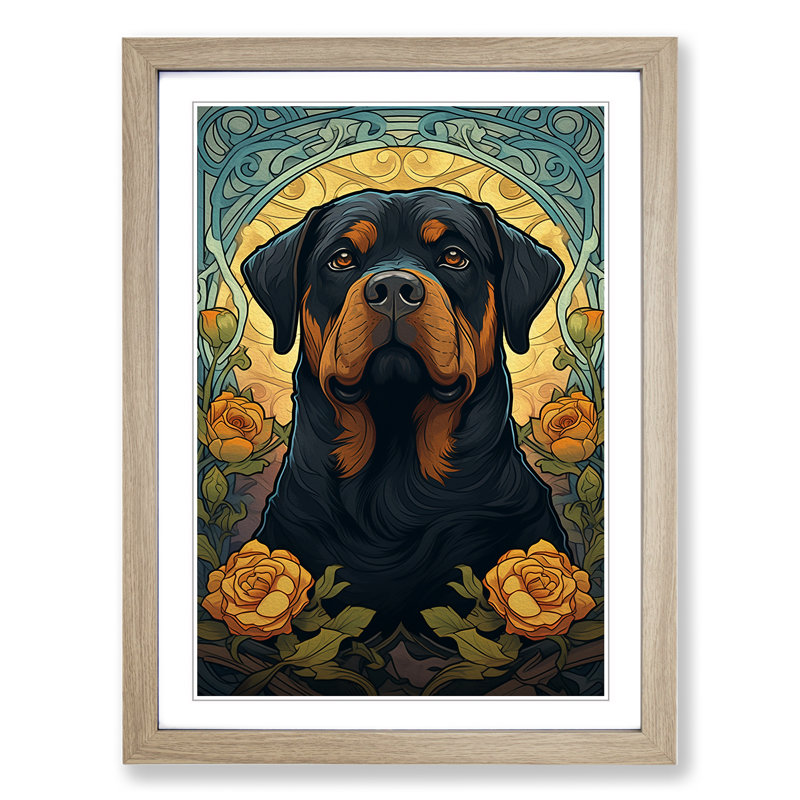 Rottweiler Nouveau - Single Picture Frame Print on Wood, 64cm H x 46cm W x 2cm D, Oak 