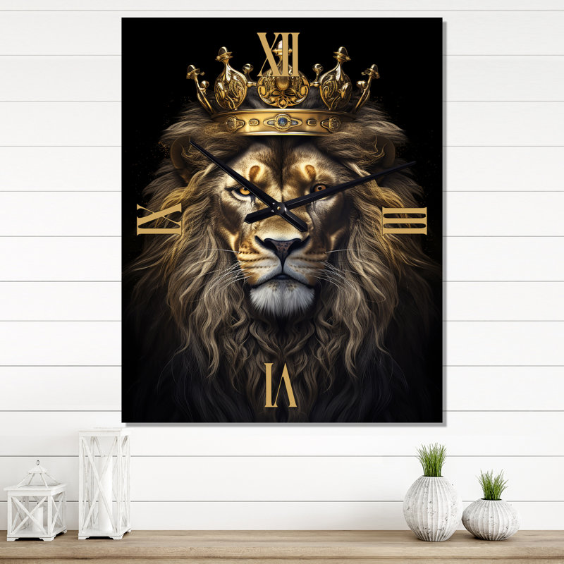 Horloge murale majestueuse lion royal avec couronne dorée I - animaux lion, Moyen
