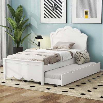 Lit plateforme simple en bois avec tête de lit et lit gigogne simple, blanc
