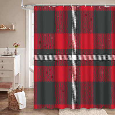 Red Dark Grey Plaid Seamless White Shower Curtain with 12 Hooks