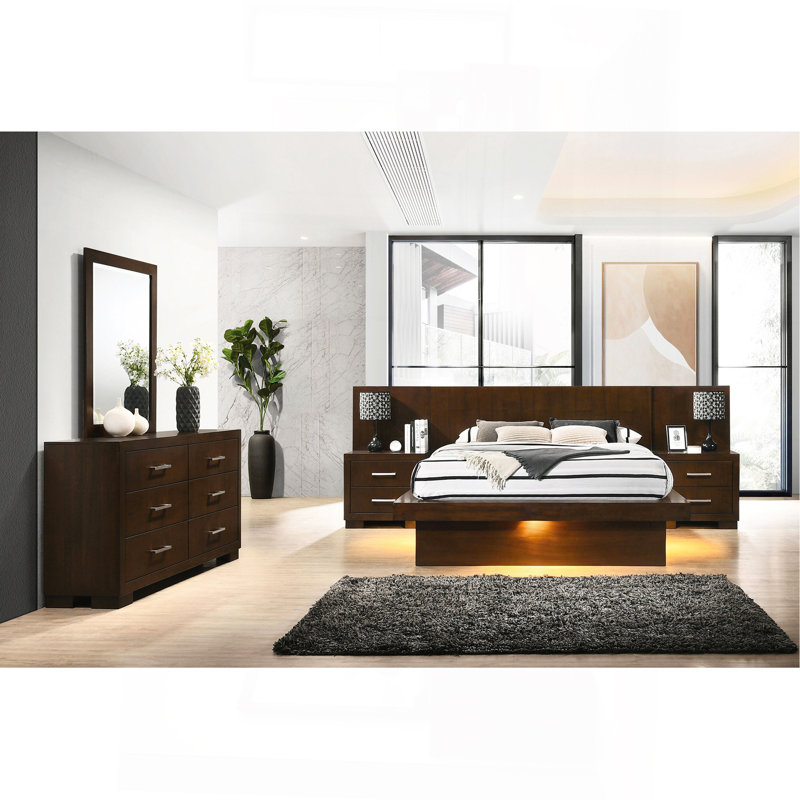 Ensemble de chambre avec lit plateforme 5 pièces et 2 tables de chevet Cappuccino