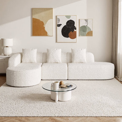 111.8" L-Shaped Curved Modular Sofa | Modern Lychee-Textured Long-Pile Polyester Fabric | Curved Backrest with 3 Pillows | No-Assembly Cloud-Like Sectional for Living Room or Apartment