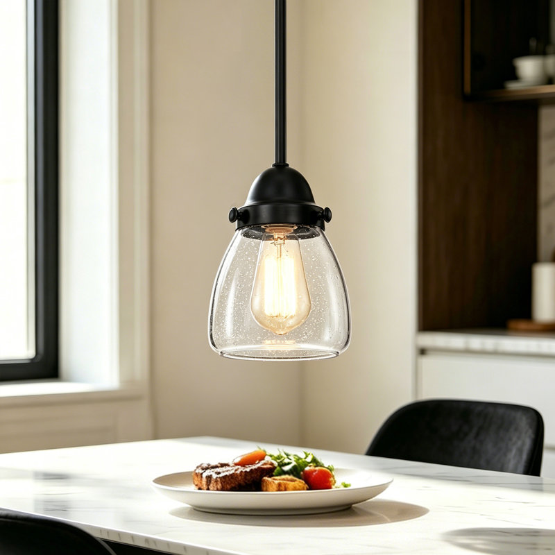 1-Light Matte Black Pendant with Seeded Glass Shade, Matte Black