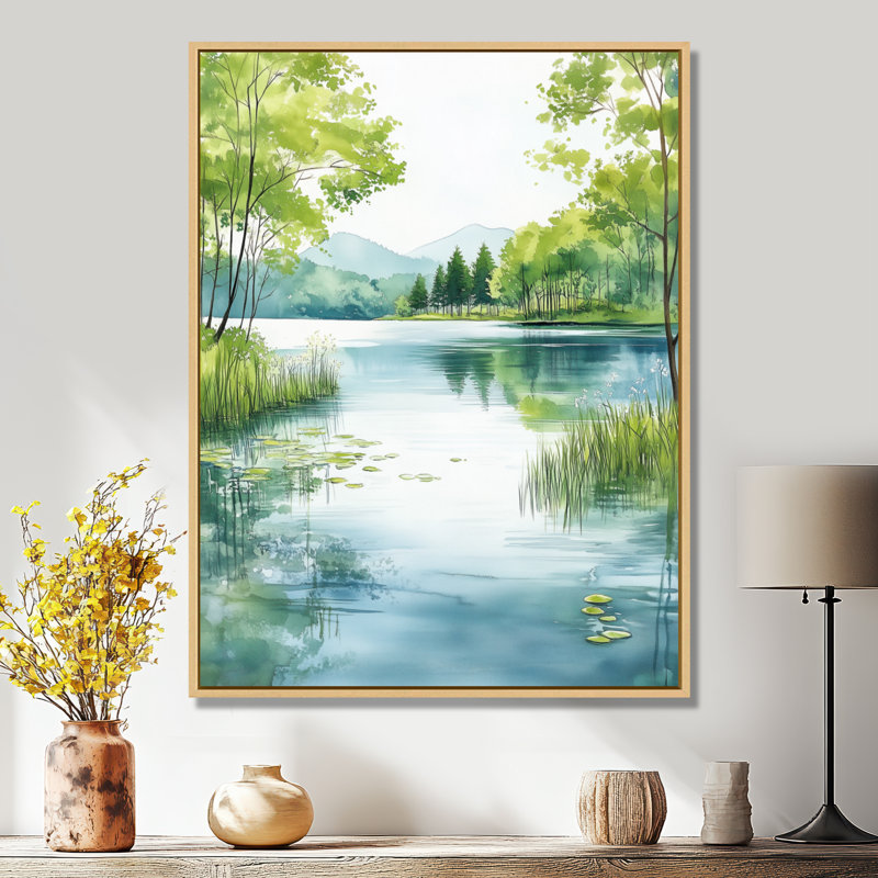 «Spring Lake Light I - Green Cottage», art mural, H 20 po x l 12 po, Cadre naturel flottant