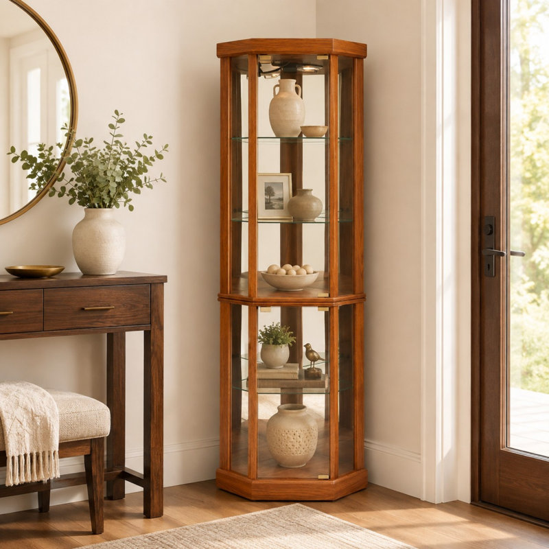 Vitrine de coin lumineuse, vitrine élégante en verre avec éclairage intégré pour le salon, bar, collections antiques et vin, chêne foncé