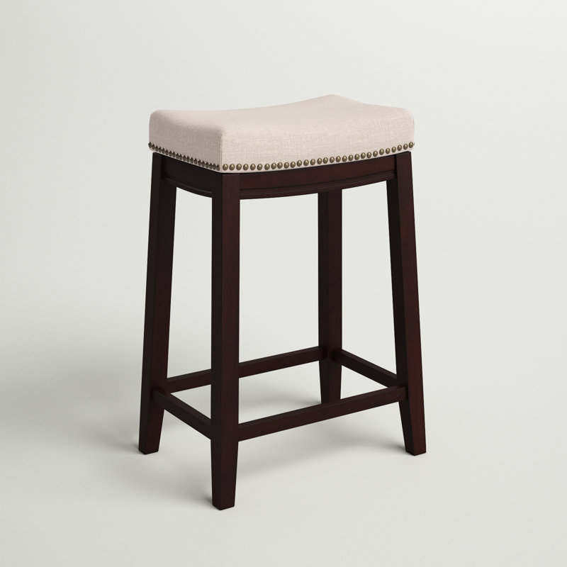 Bartonville Counter & Bar Solid Wood Backless Stool with Upholstered Seat, Beige Linen/Dark Walnut
