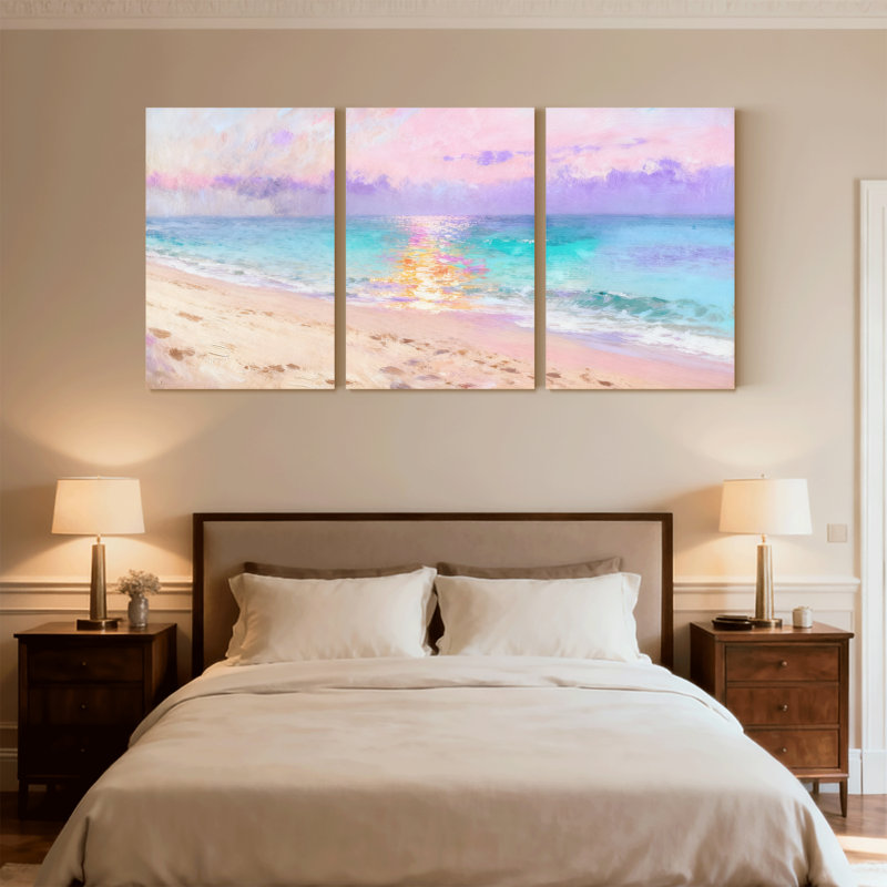 Plage, ciel pastel, plage, coucher de soleil, réflexion, vagues, sable, horizon, ensemble de 3 impressions sur toile