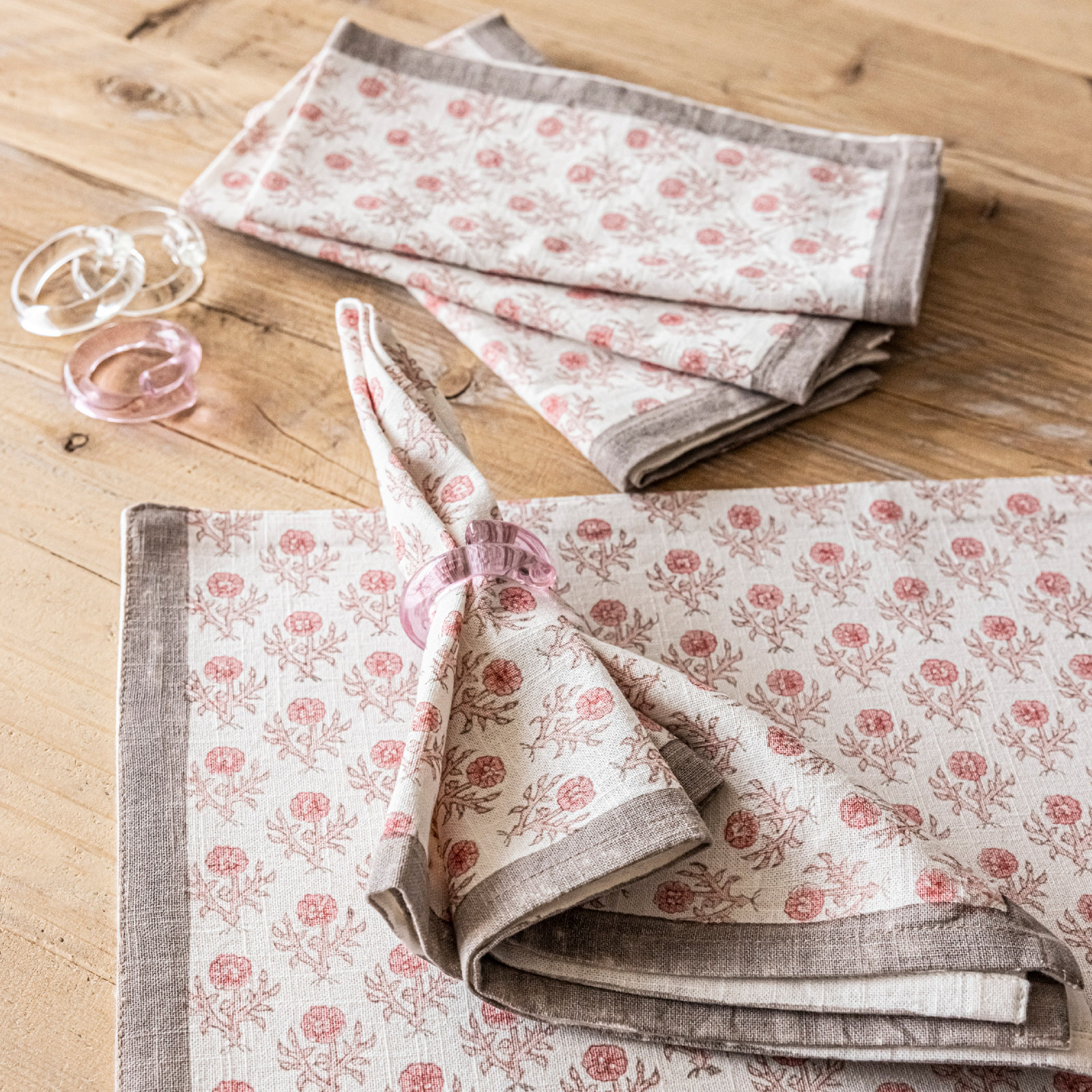 Hand-Blocked Table Runner, 18" W x 90" L, Pink Bloom