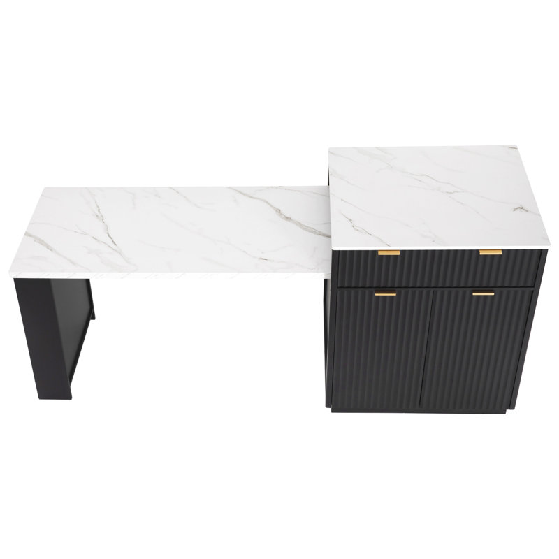 82.6" Fluted Kitchen Island with Extendable Dining Table for 4-6, Island Table for Kitchen with Power Outlet, Kitchen Table with Double-Side Storage, 2 Drawers 2 Side Open Shelves, Black