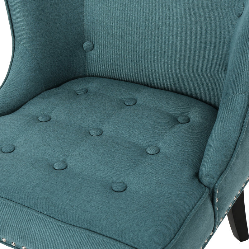 Chaise en tissu bleu sarcelle foncé avec des éléments de design moderne, des coutures gaufrées à boutons et des détails cloutés attrayants, l 27,68 po x P 27,94 po, H 31,38 po, attrait occasionnel, garniture charmante à boutons, l 28 po x P 28,5 po