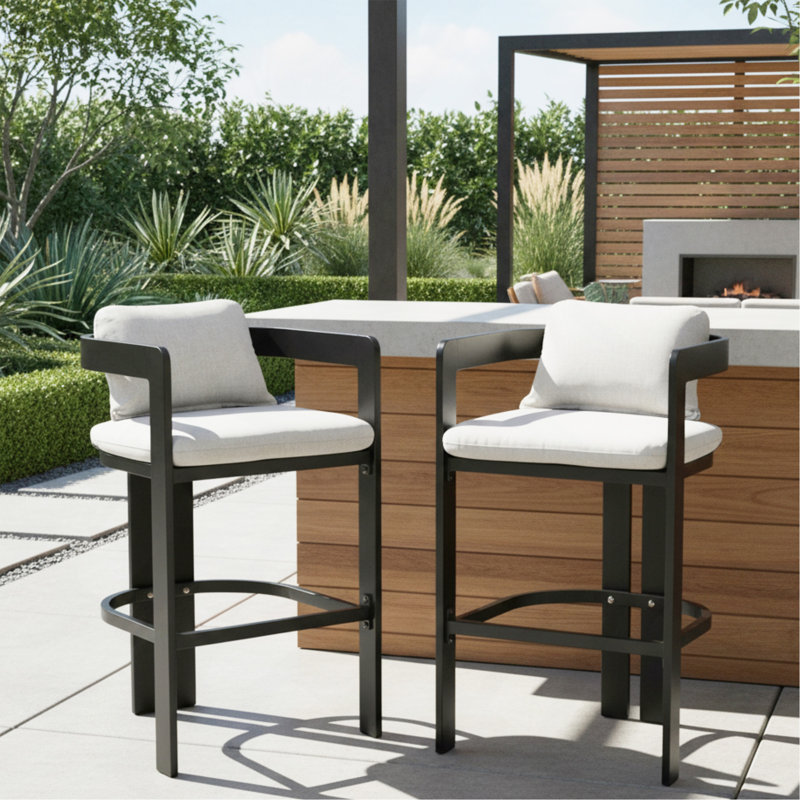 Tabouret de comptoir d'extérieur en aluminium, chaise de bar, structure noire avec coussin gris, ensemble de 2