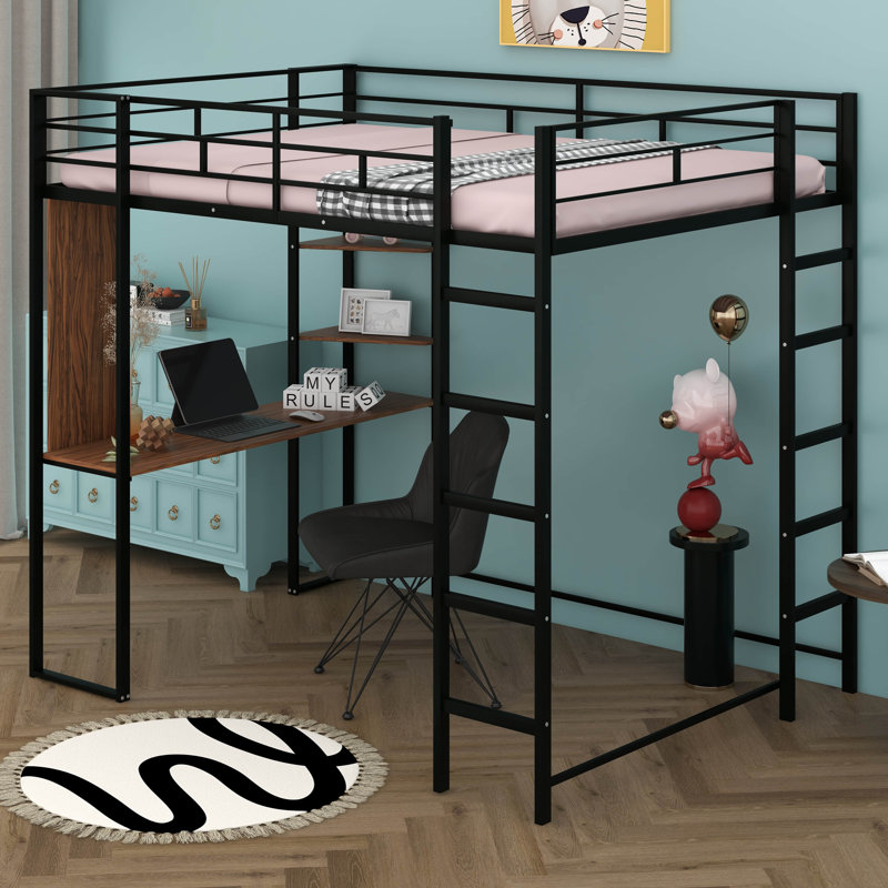 Metal Loft Bed with 2 Shelves and one Desk, Full, Black
