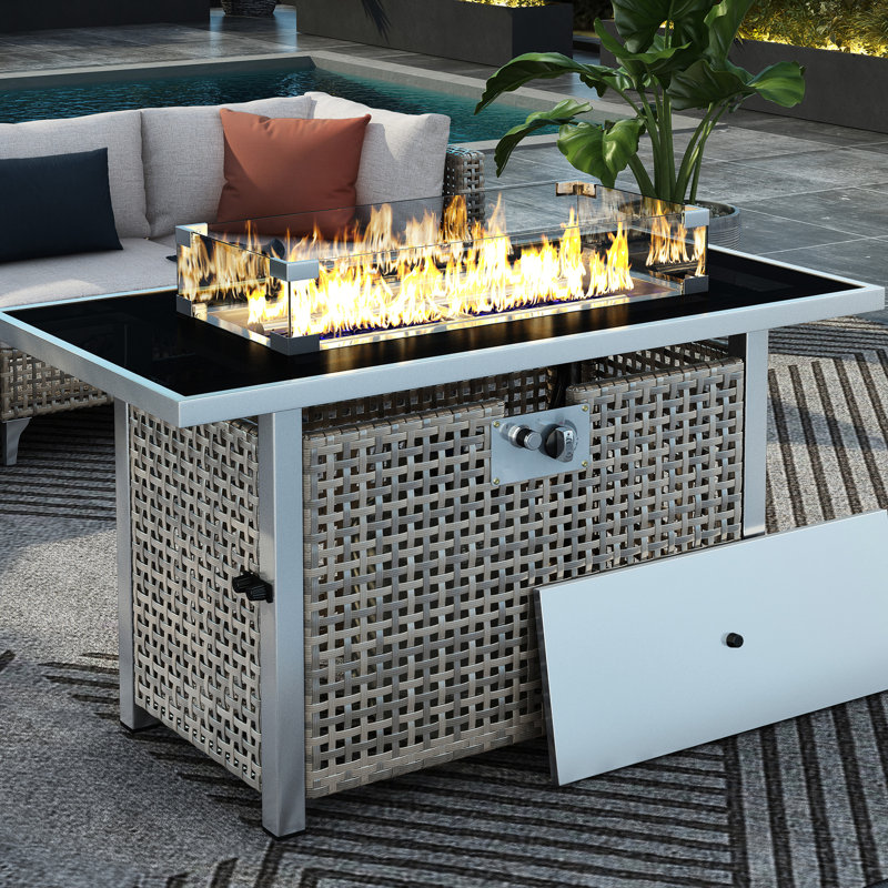 43 Inch Propane Gas Fire Pit Table, 60000 Rectangular Open Weave With Glass Wind Guard For Patio, Deck, Garden, Backyard - Grey, Featuring Blue Stones, Removable Rust Lid, And 20Lbs Storage Space