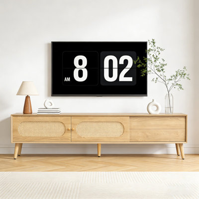Meuble télé Boho Farmhouse pour téléviseur de 80 po ou moins, console média avec portes en rotin et pieds en bois massif, centre de divertissement pour salon et cinéma maison