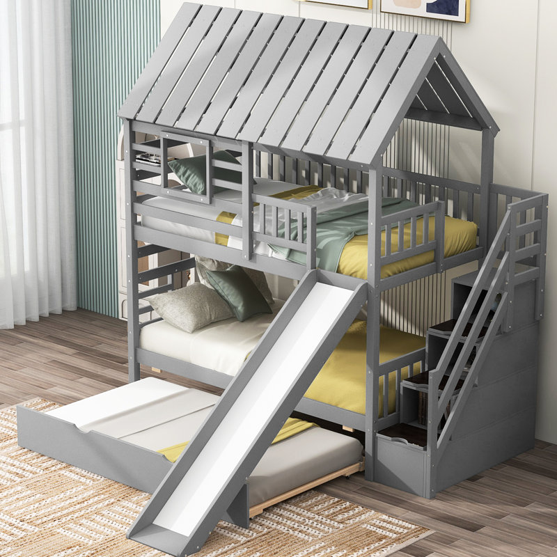 Lit simple / simple avec lit gigogne, glissade et lit compact gris