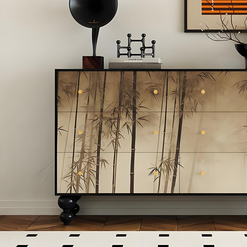 Commode 6 tiroirs en bois massif avec poignées en cuivre, Noir