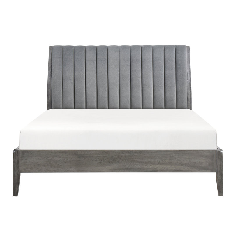 Lit plateforme grand moderne, tête de lit en velours, pieds en bois massif gris, meubles de chambre à coucher, revêtement en tissu sans sommier,
