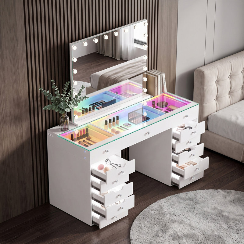 Coiffeuse 59 po pré-assemblée avec miroir Hollywood à DEL, plateau de table en verre trempé RVB, 13 tiroirs lumineux à maquillage pour la chambre à coucher