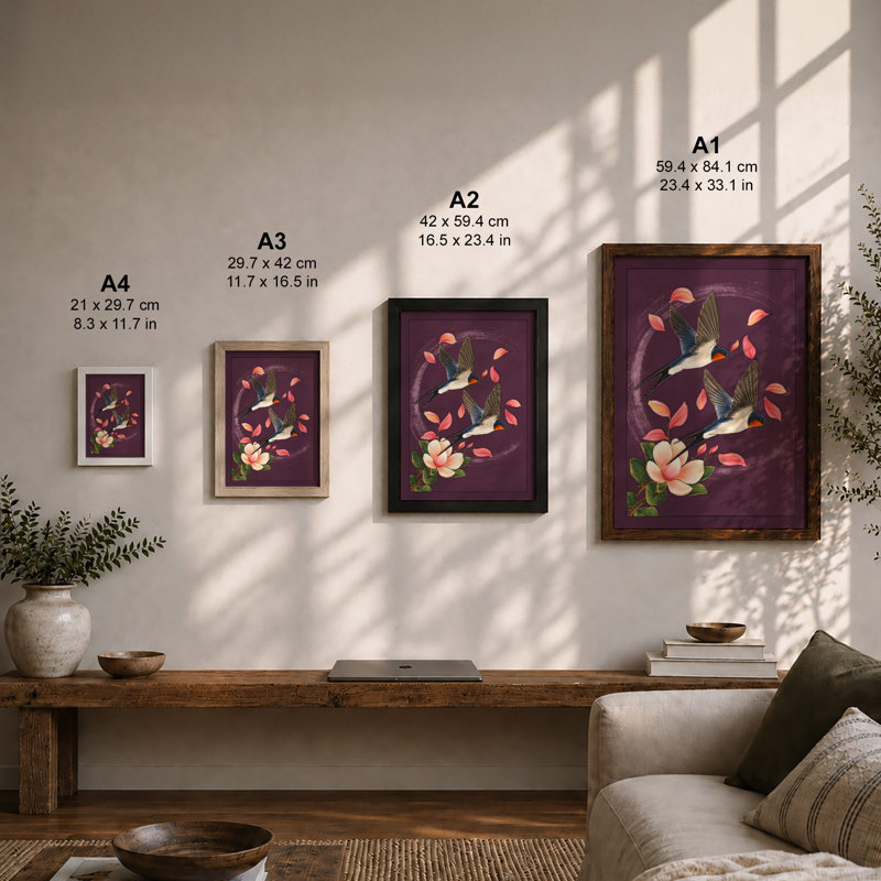 Wings Among Flowers Botanical - Framed Print, Walnut, A4 - 29.7 x 21.0 cm