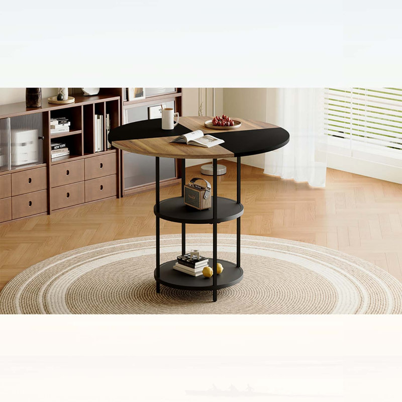 Table de salle à manger moderne avec rangement double couche, Black+Wood