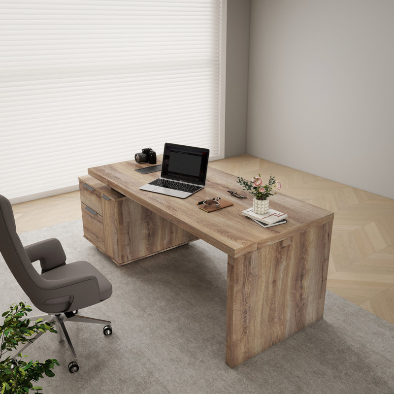 Modern Executive Desk, Rectangle Office Desk with Storage Cabinet, Width Adjustable Desks for Home Office, Business Desk Stand Under Table Storage Organizer, ( Mahogany + Left  Handed)