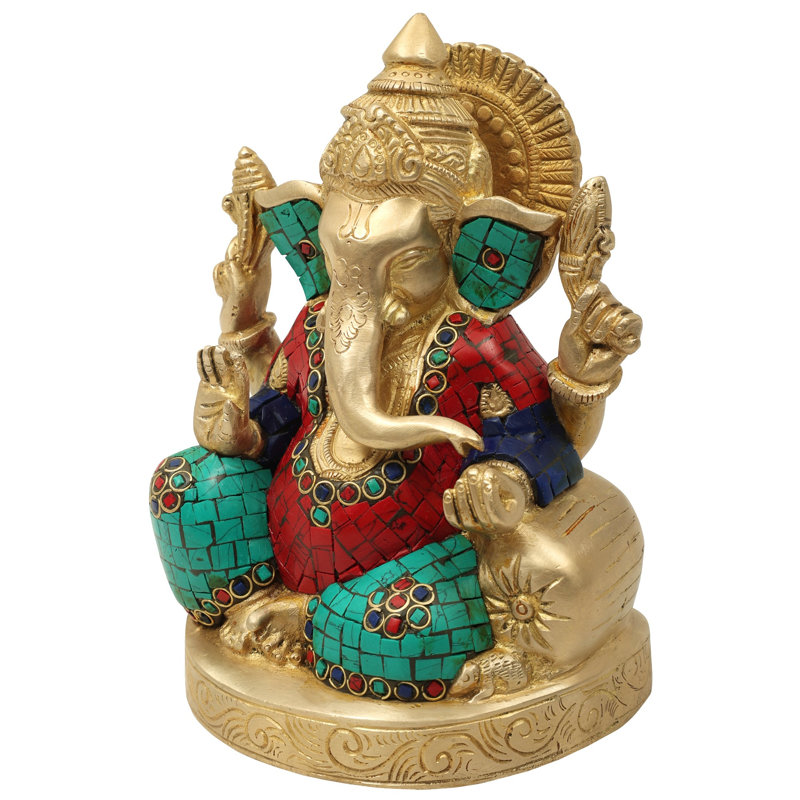 Statue en laiton Ganesha avec incrustation de turquoise et de corail, figurine de divinité traditionnelle de 6 po pour autel et salon