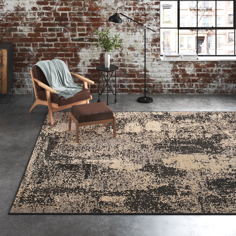 Tapis intérieur / extérieur abstrait gris anthracite / brun, Rectangle 9 pi 6 po x 12 pi