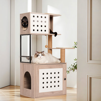 One Indoor Cat Tower With Grey+White Litter Box Enclosure, Large , Bed, Food Station, And Scratching Posts In Modern Style Pet Design Tree For Cats: Integrated