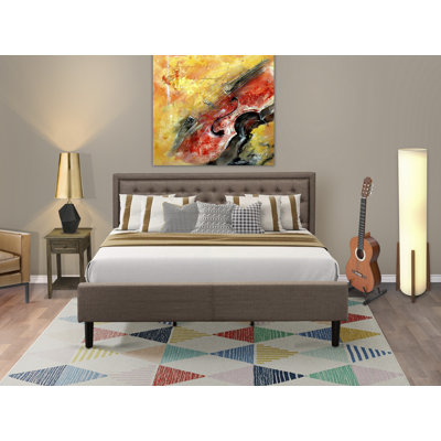 2 Piece Bed Set - 1 Bed frame Brown Linen Fabric Padded and Button Tufted Headboard with 1 Wooden Night Stand - Distressed Jacobean Finish Nightstand