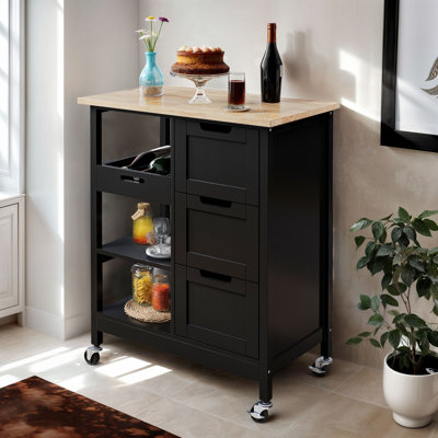 Baveline 27"x15" Classic Kitchen Cart, Kitchen Rack on Wheels with Solid Wood Top, Drawers and Multifunction Racks