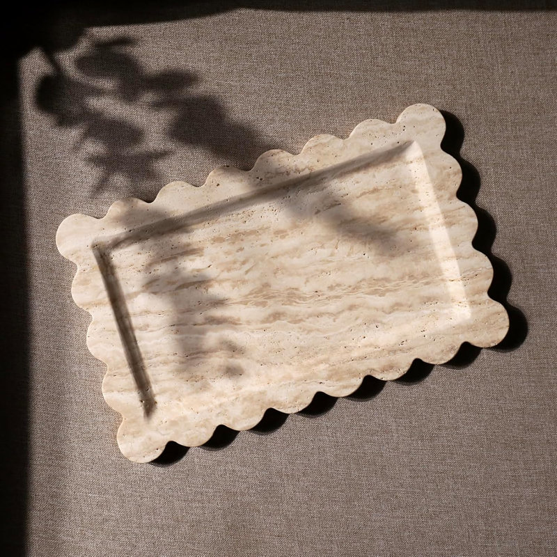 11.8"x7.4" Beige Travertine 100% Marble Tray - Scalloped Rectangle for Bathroom/Kitchen, Candle/Key Storage, Beige