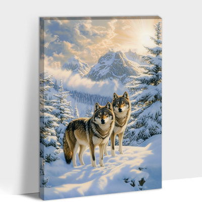 «Large Winter Wolves in Snowy Mountain Landscape», reproduction d'art sur toile représentant un animal de Noël pour le salon, la chambre à coucher, la décoration murale de bureau, 32 po x 48 po