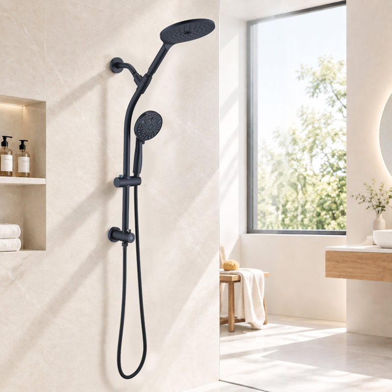 Pomme de douche double avec douche à main, pluie de 7,5 pouces et poche à 10 modes, barre coulissante réglable, nettoyage par jet à haute pression, tuyau en acier inoxydable de 5 pi, fixation murale - F00539