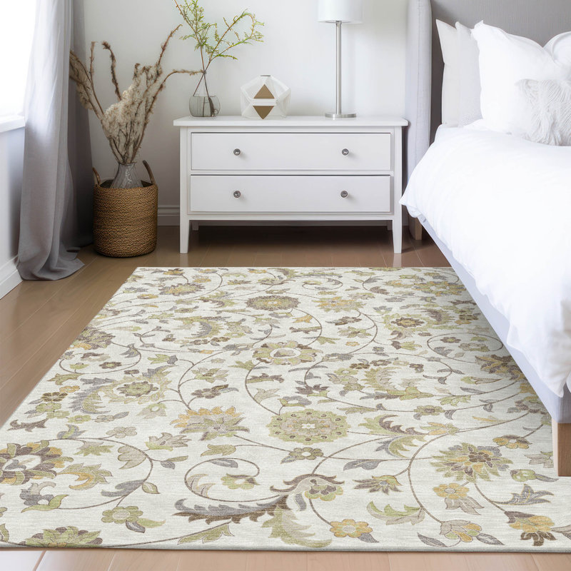 Ivory Floral Pattern Machine Washable Synthetic Rug