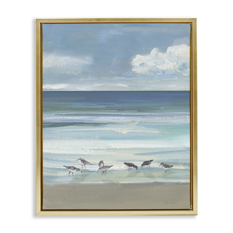 Cadre flottant Gentle Waves Shore Birds, design par Sally Swatland, H 21 po x l 17 po, Cadre flottant métallique doré