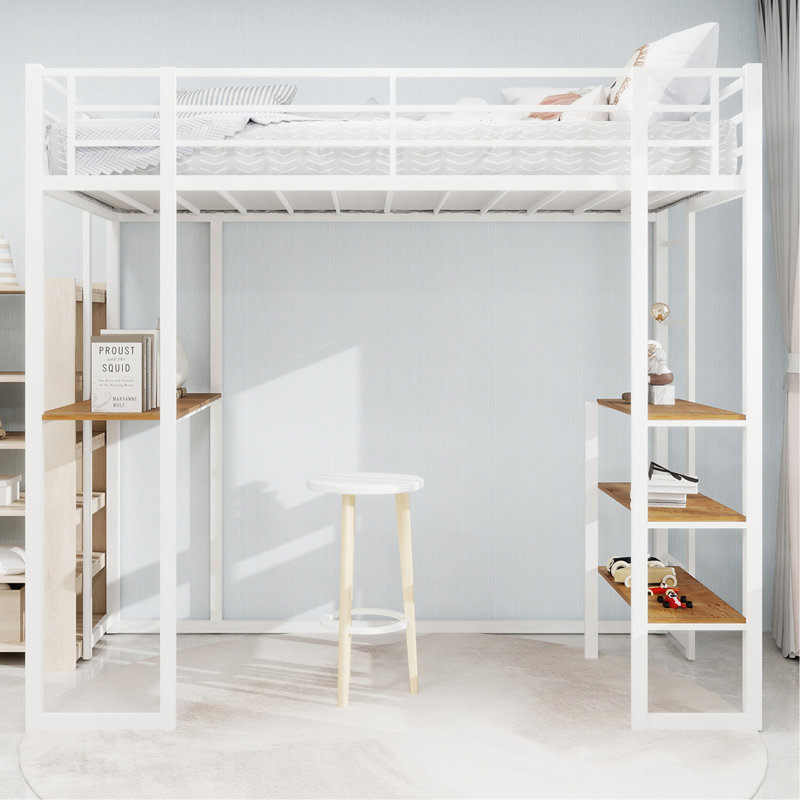 Lit à structure en fer avec lit et table, lit pour enfants et adolescents avec bureau en forme de L, lit à structure en fer avec rampe et escalier, avec des escaliers des deux côtés peut être placé n'importe où