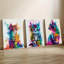 3 pièces d'art mural encadré, chaton coloré, ensemble de 3 peintures à l'aquarelle sur toile, chat éclatant et éclaboussures-1168469670