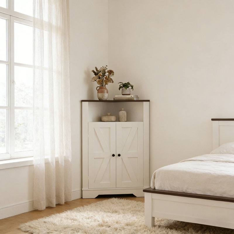 Farmhouse Narrow Floor Corner Cabinet With Doors & Adjustable Shelves, Corner Storage Cabinet Organizer For Bathroom, Pantry, Living Room, Kitchen
